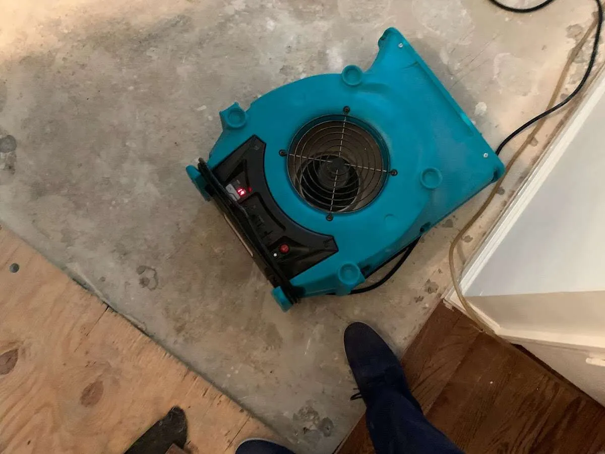 Air mover drying subfloor during Commercial Water Damage Restoration in Sauk Village